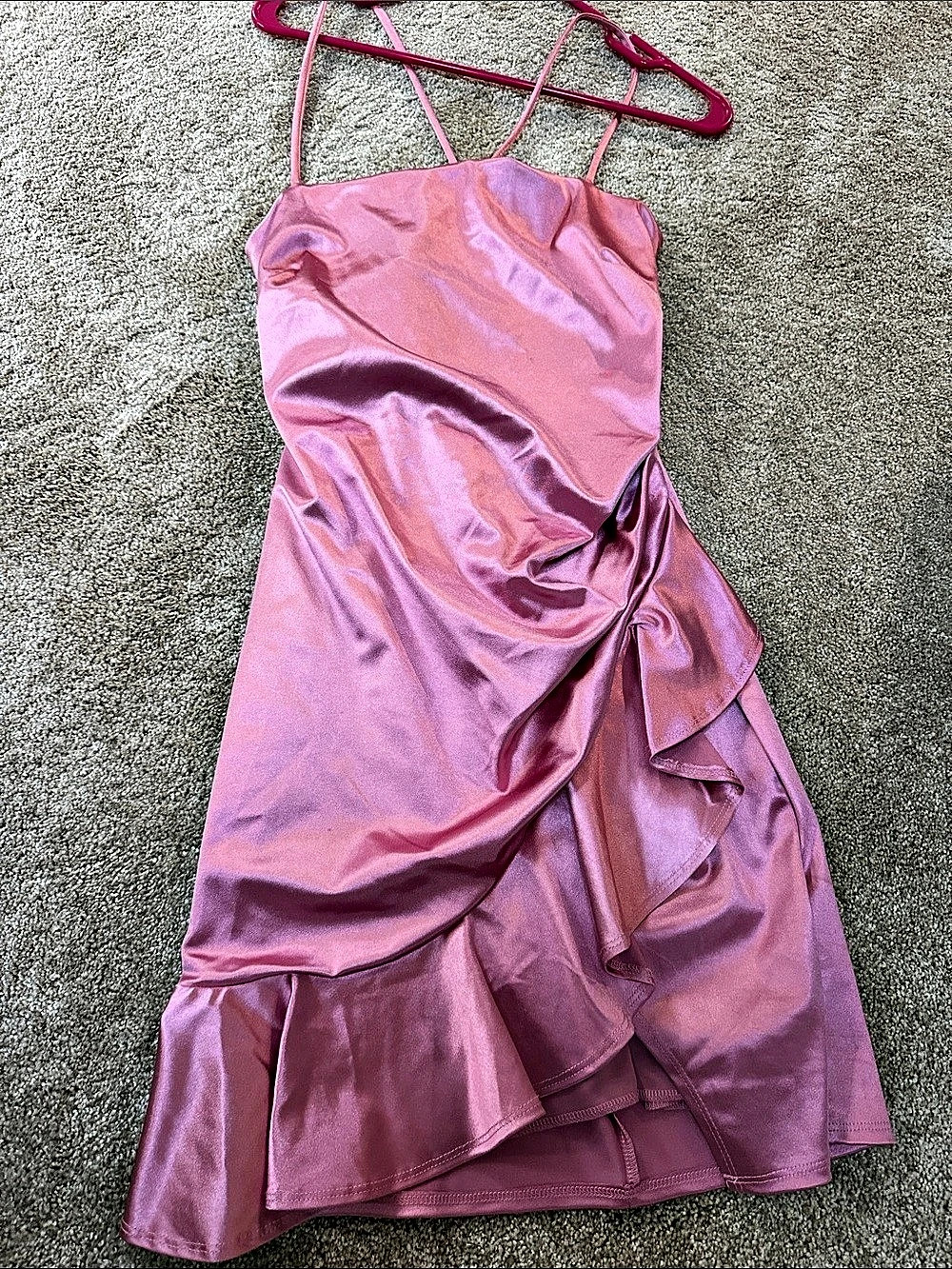 Emerald Sundae Stretch Satin Ruffle Cross Back Midi Dress Pink Large